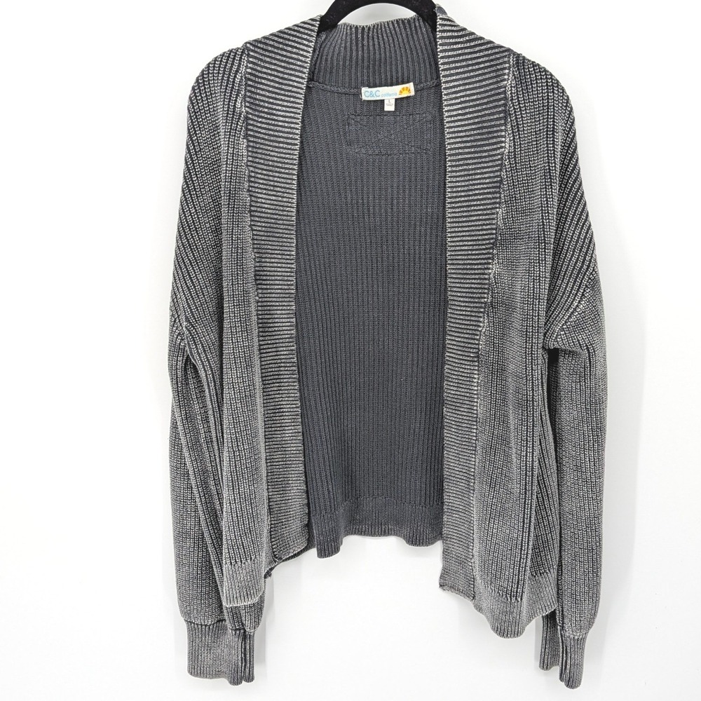 C&C California Open Front Cardigan Womens Large Charcoal Gray Ribbed Cotton Knit